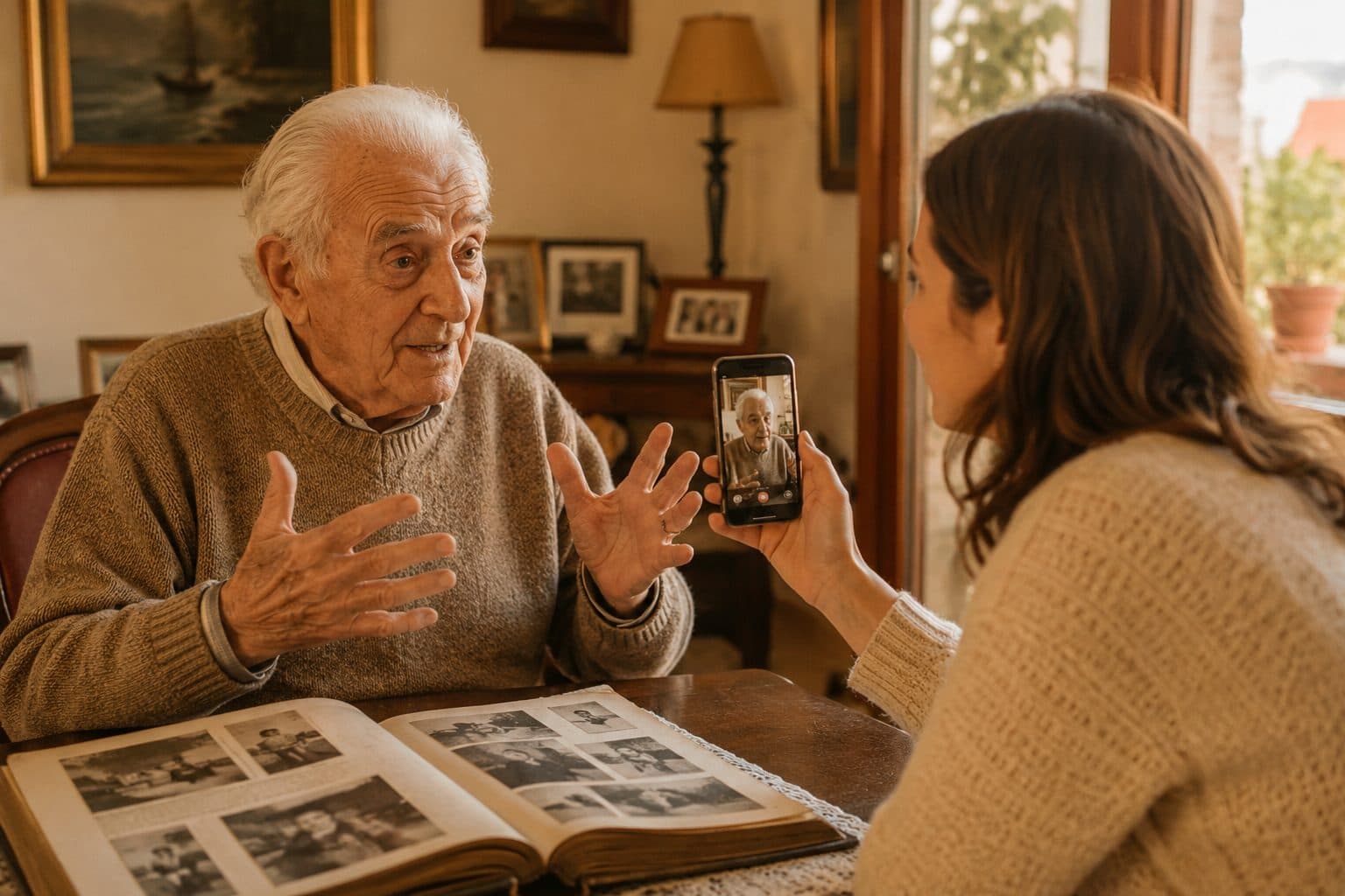 Un nonno racconta una storia gesticolando, la nipote lo registra col telefono; sul tavolo un album di fotografie aperto
