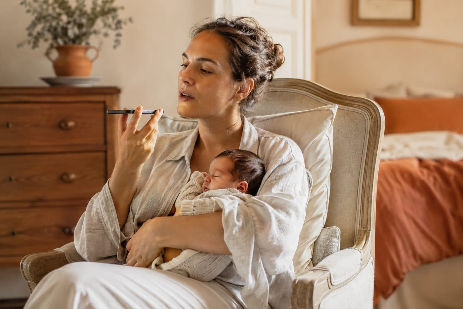 Una giovane mamma registra un messaggio vocale al telefono mentre il neonato le dorme in braccio