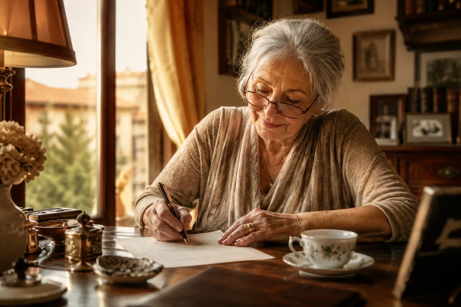 Una signora scrive una lettera a mano alla scrivania, nella luce calda del pomeriggio
